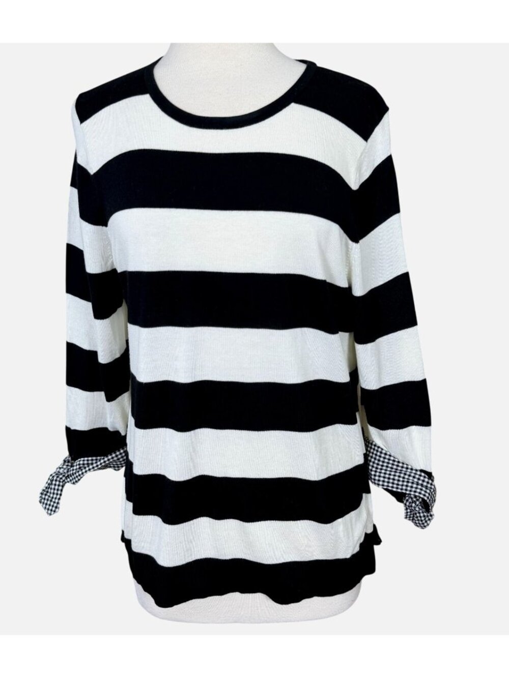Talbots Black & White Striped 3/4 Sleeve Pullover Sweater Gingham Tie Cuffs LG